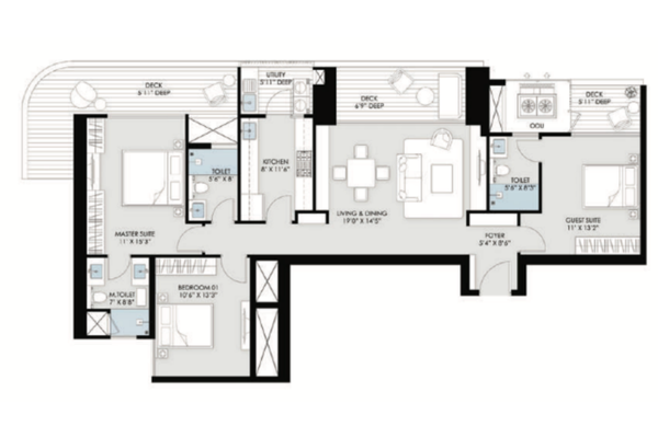 3 BHK Corner Unit Plan