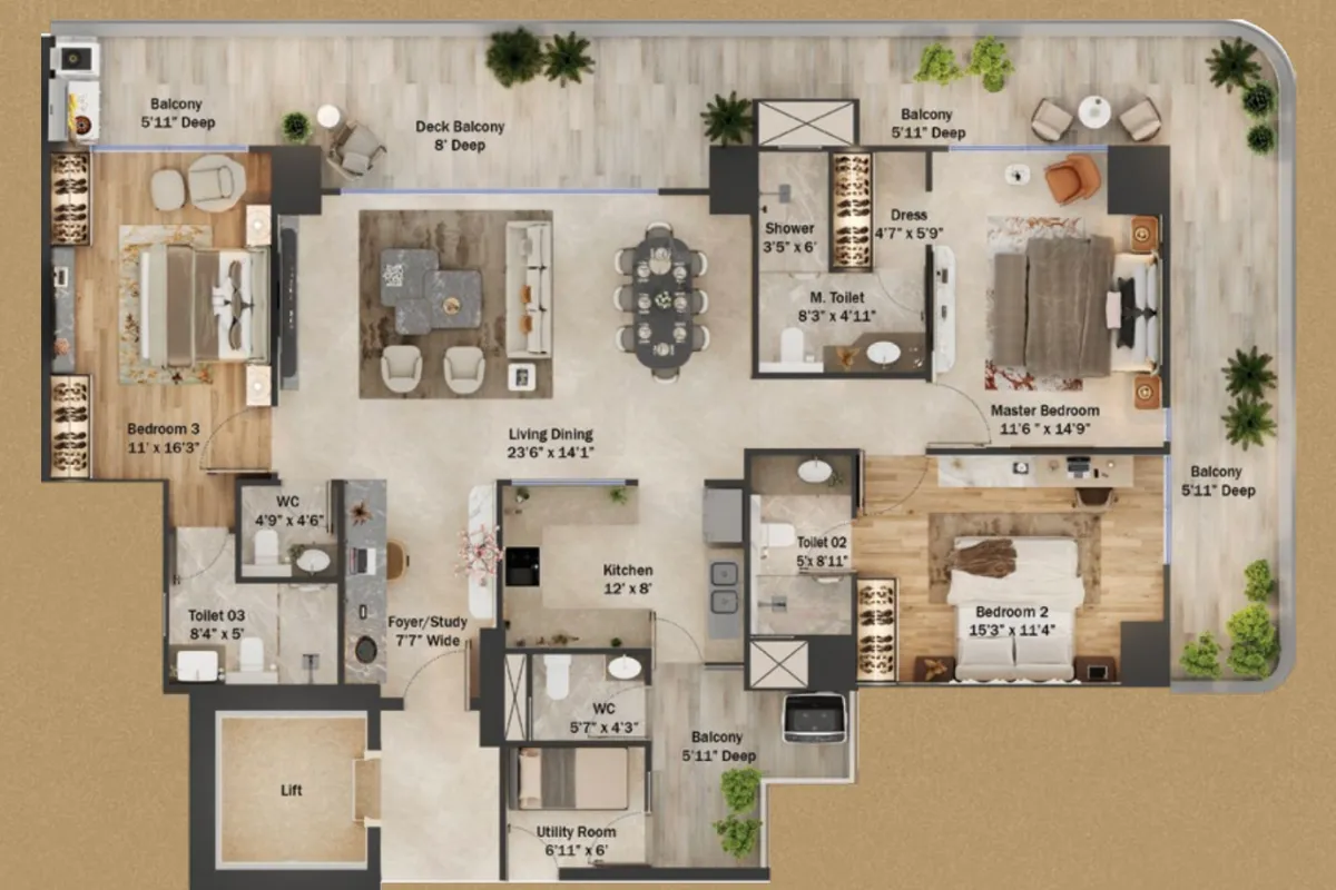 Trevoc Royal Residences 3 BHK Classic Floor Plan